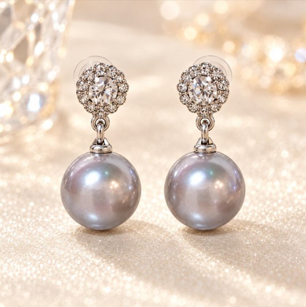 925 Silver Post Gray Pearl Rhinestone Dangle Drop Stud Earrings new